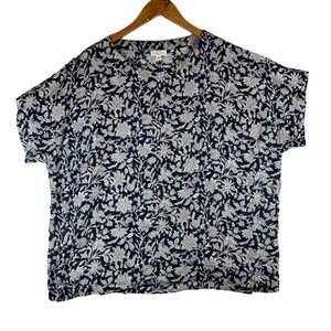 Pure Jill Linen Floral Print Short Sleeve Top Womens XL Navy White